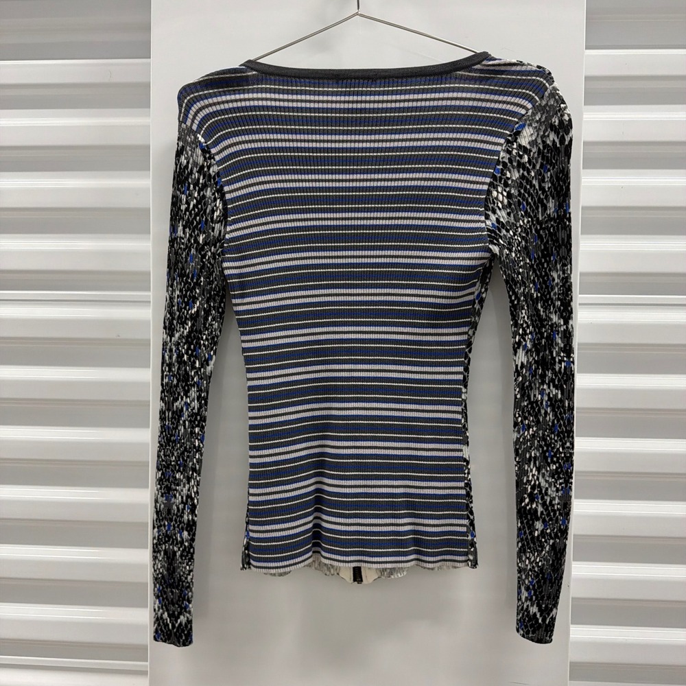 Cache Womens Y2K Snakeskin Striped Ribbed Knit Zip Up Cardigan Gray Blue Large - Picture 3 of 4